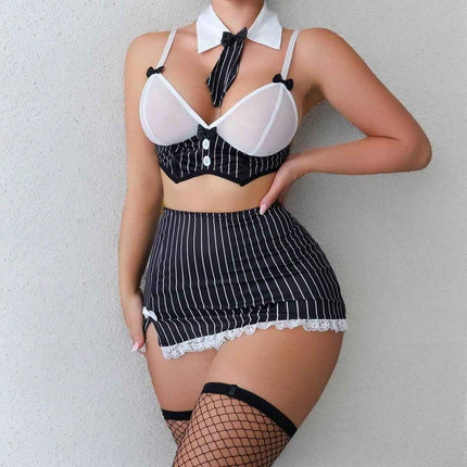 Sexy Striped Bow Tie Ultra-Short Skirt Uniform Lingerie Set