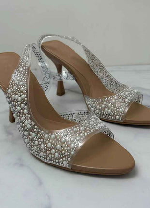 Pointed-Toe French-Style Low-Heeled Back Strap Shiny Pearl High-Heeled Sandals