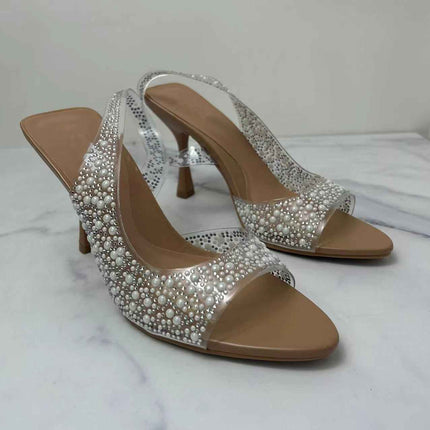 Pointed-Toe French-Style Low-Heeled Back Strap Shiny Pearl High-Heeled Sandals
