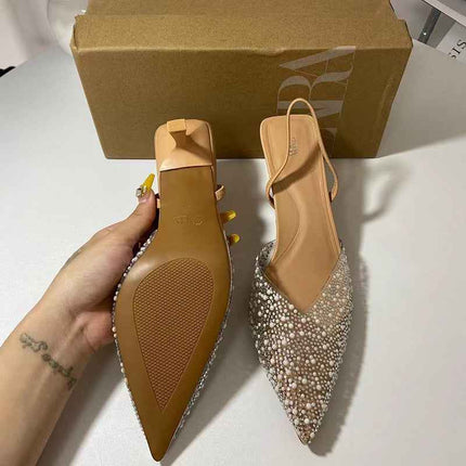 Pointed Pearl Shiny Accessory With A Shallow Round Toe And Thin Heel High Heels