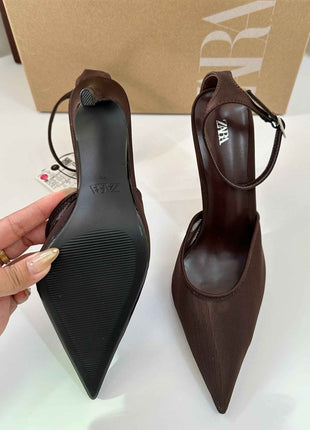Fine Heel Shallow-Toe Stitched Fabric Strap Style High Heel