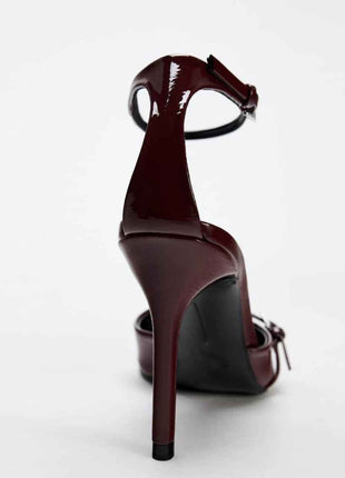 Pointed-Toe Patent Leather Low-Heeled Single-Strand Ankle Strap High Heel Shoes