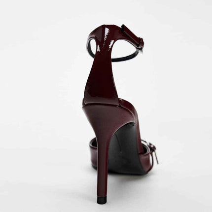 Pointed-Toe Patent Leather Low-Heeled Single-Strand Ankle Strap High Heel Shoes