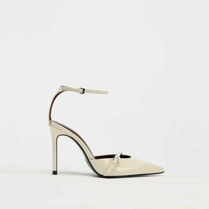 Pointed-Toe Patent Leather Low-Heeled Single-Strand Ankle Strap High Heel Shoes
