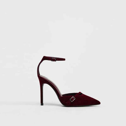 Pointed-Toe Patent Leather Low-Heeled Single-Strand Ankle Strap High Heel Shoes