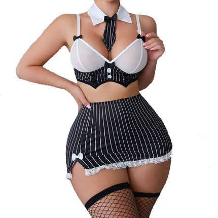 Sexy Striped Bow Tie Ultra-Short Skirt Uniform Lingerie Set