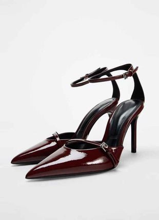 Pointed-Toe Patent Leather Low-Heeled Single-Strand Ankle Strap High Heel Shoes
