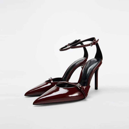 Pointed-Toe Patent Leather Low-Heeled Single-Strand Ankle Strap High Heel Shoes
