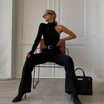 One Shoulder Long Sleeve Asymmetric Crew Neck Bodysuit