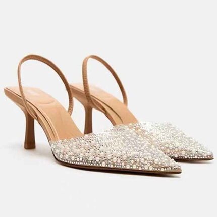 Pointed Pearl Shiny Accessory With A Shallow Round Toe And Thin Heel High Heels