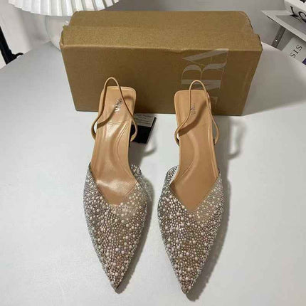 Pointed Pearl Shiny Accessory With A Shallow Round Toe And Thin Heel High Heels