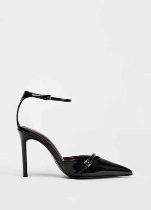 Pointed-Toe Patent Leather Low-Heeled Single-Strand Ankle Strap High Heel Shoes