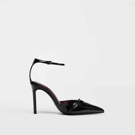Pointed-Toe Patent Leather Low-Heeled Single-Strand Ankle Strap High Heel Shoes