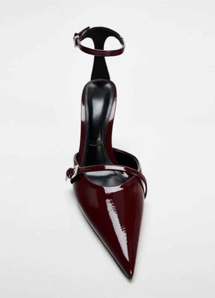 Pointed-Toe Patent Leather Low-Heeled Single-Strand Ankle Strap High Heel Shoes