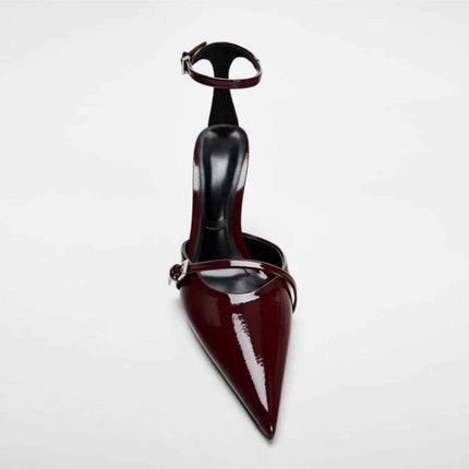 Pointed-Toe Patent Leather Low-Heeled Single-Strand Ankle Strap High Heel Shoes