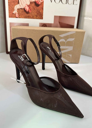 Fine Heel Shallow-Toe Stitched Fabric Strap Style High Heel