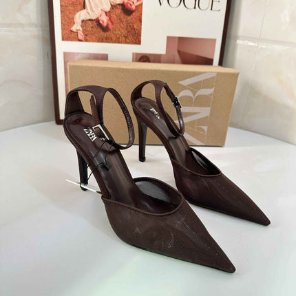 Fine Heel Shallow-Toe Stitched Fabric Strap Style High Heel