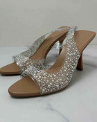 Pointed-Toe French-Style Low-Heeled Back Strap Shiny Pearl High-Heeled Sandals