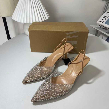 Pointed Pearl Shiny Accessory With A Shallow Round Toe And Thin Heel High Heels