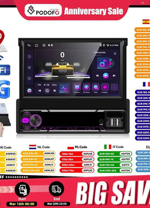 Podofo 6+128G Retractable Screen 1 Din Android Car Multimedia Player Carplay  GPS Navigation WIFI Bluetooth FM AM Mirror Link