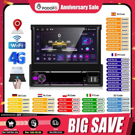 Podofo 6+128G Retractable Screen 1 Din Android Car Multimedia Player Carplay  GPS Navigation WIFI Bluetooth FM AM Mirror Link