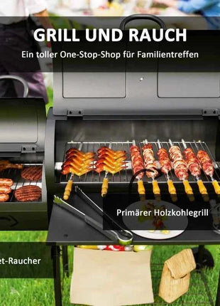 Charcoal grill made of steel, BBQ smoker with lid, charcoal grill trolley for barbecue, camping, garden 109 x 60 x 120 cm