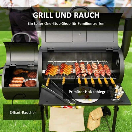 Charcoal grill made of steel, BBQ smoker with lid, charcoal grill trolley for barbecue, camping, garden 109 x 60 x 120 cm