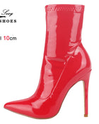 10CM 12CM Women Sexy Ankle Boots Zipper Thin Heels Short Boot Shiny Patent Leather High Heels Office Shoes Woman Bota Feminina