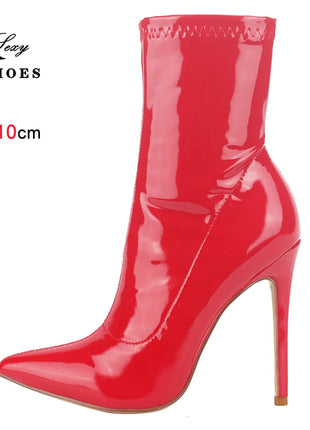 10CM 12CM Women Sexy Ankle Boots Zipper Thin Heels Short Boot Shiny Patent Leather High Heels Office Shoes Woman Bota Feminina