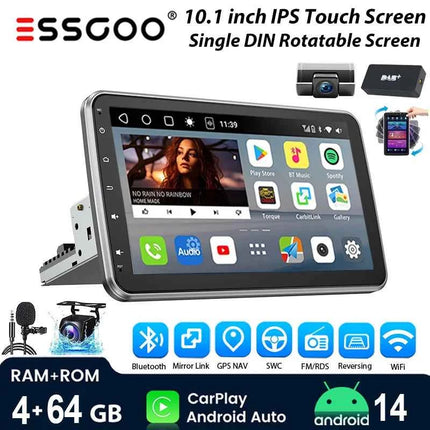 ESSGOO 10.1"Android14 4-64G 360°Rotatable Touchscreen 1 DIN Car Radio Wireless Carplay Bluetooth GPS Navi RDS WIFI MIC EQ FM SWC