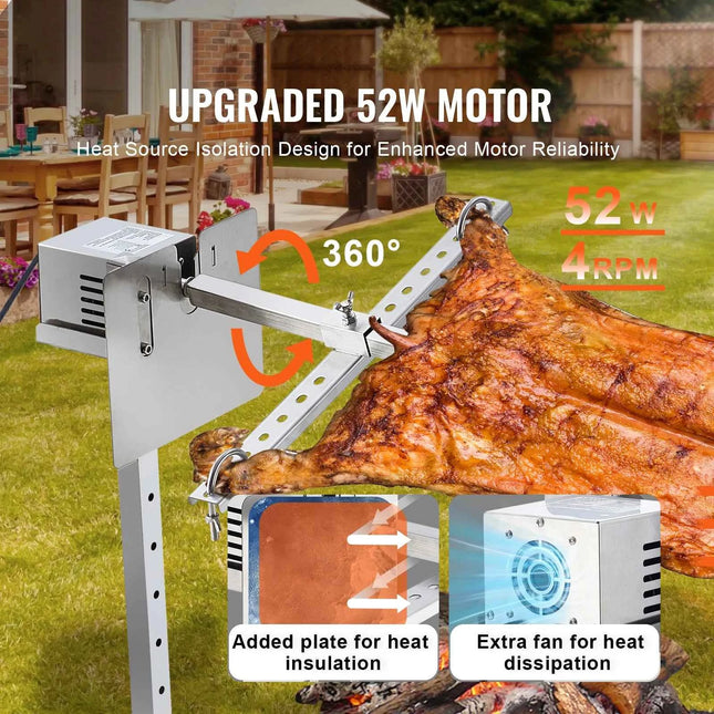 SucceBuy 46 Inch Electric BBQ Rotisserie Grill Kit Automatic 52W Motor Height Adjustable Universal Roaster Stand