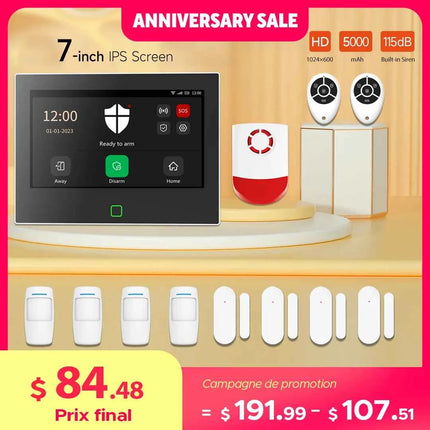 Staniot 7 inch Home Alarm System Wireless WiFi 4G Tuya Smart Security Protection Kit Built-in 115dB Louder Siren 5000mAh Battery