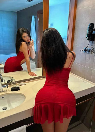 Ahagaga Sexy Skinny Women's Mini Dressess Solid Fashion Deep V-Neck Folds Slim Fit Camisloe Sleeves Streetwear Vestidos Robes