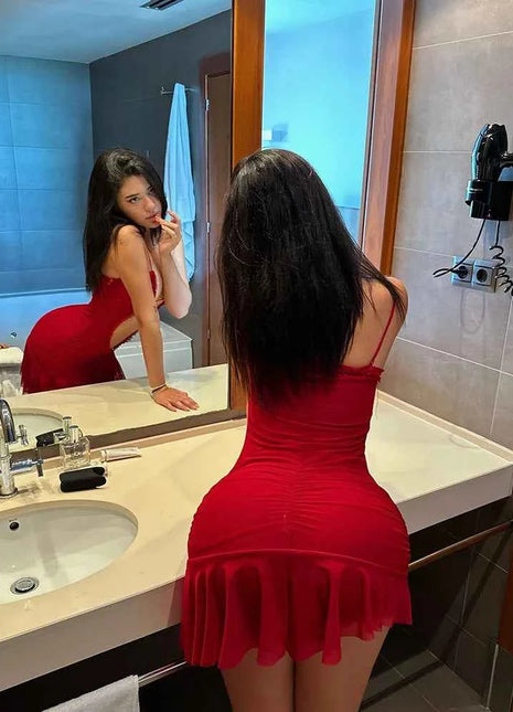 Ahagaga Sexy Skinny Women's Mini Dressess Solid Fashion Deep V-Neck Folds Slim Fit Camisloe Sleeves Streetwear Vestidos Robes