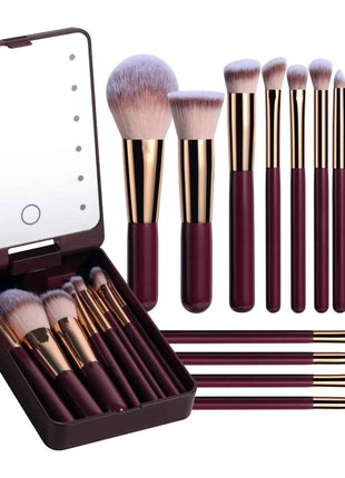 14 PCS Makeup Brush Set With Illuminated Mirror Portable Short Handle LED Light USB Rechargeable Makeup Brushes Kit