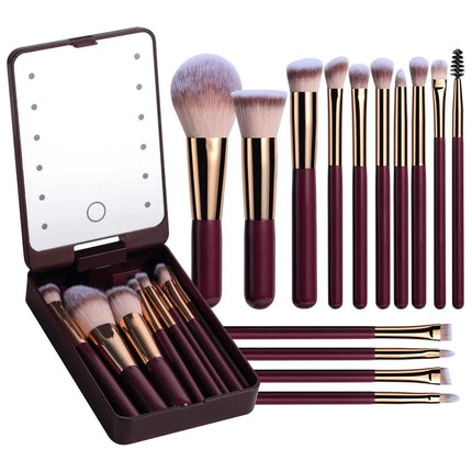 14 PCS Makeup Brush Set With Illuminated Mirror Portable Short Handle LED Light USB Rechargeable Makeup Brushes Kit