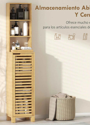 Homcom Tall Narrow Bamboo Bathroom Cabinet with 3 Open Shelves Slatted Door Adjustable Shelves Natural