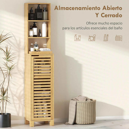 Homcom Tall Narrow Bamboo Bathroom Cabinet with 3 Open Shelves Slatted Door Adjustable Shelves Natural