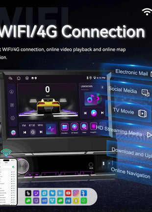Podofo 6+128G Retractable Screen 1 Din Android Car Multimedia Player Carplay  GPS Navigation WIFI Bluetooth FM AM Mirror Link