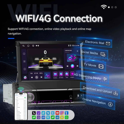 Podofo 6+128G Retractable Screen 1 Din Android Car Multimedia Player Carplay  GPS Navigation WIFI Bluetooth FM AM Mirror Link