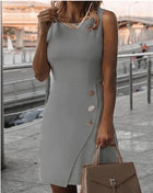 Elegant white women's short dress with round neck straps and a sexy hip-hugging fitted skirt. New sheer ribbon button mini dress.