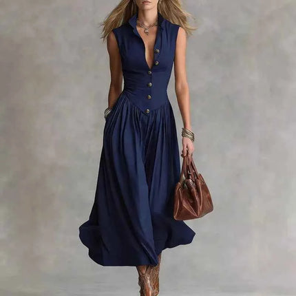 Abito lungo estivo da donna 2026 senza maniche, sexy, con bottoni e risvolto, a vita alta, stile bohémien, arricciato, tinta unita, per vacanze