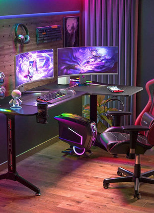 XXXL Large Corner Gaming Desk L Shape Gamer Computer Table RGB LED Lighted Table with Cup Holder and Headphone Hook