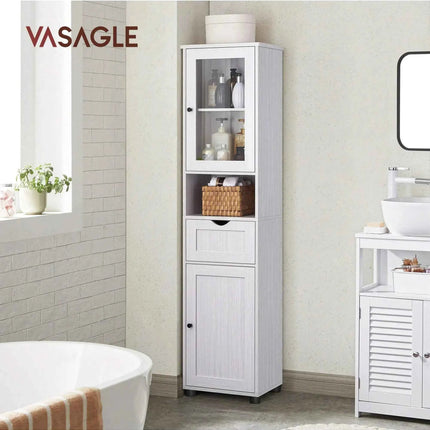 VASAGLE Tall Free Standing Bathroom Cabinet, Slim Cupboard, Glass Door, Adjustable Shelves, Light Grey