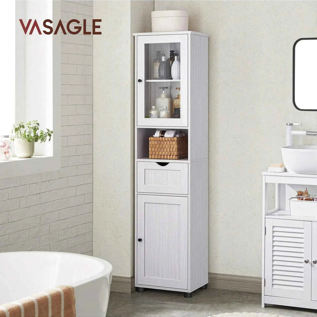 VASAGLE Tall Free Standing Bathroom Cabinet, Slim Cupboard, Glass Door, Adjustable Shelves, Light Grey