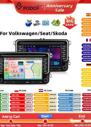 Podofo 6 + 128G 7 ''Car Stereo For VW/PASSAT/CADDY/POLO/BEETLE Multimedia Player Carplay Android Auto Type-C WIFI GPS Car Audio
