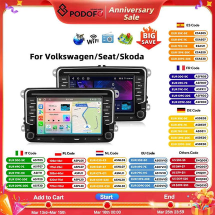 Podofo 6 + 128G 7 ''Car Stereo For VW/PASSAT/CADDY/POLO/BEETLE Multimedia Player Carplay Android Auto Type-C WIFI GPS Car Audio