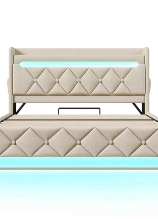 KOMHTOM Double Bed Linen With USB Type C Port 360 Surround LED Function Hydraulic Storage Without Mattress