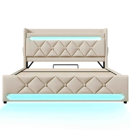 KOMHTOM Double Bed Linen With USB Type C Port 360 Surround LED Function Hydraulic Storage Without Mattress