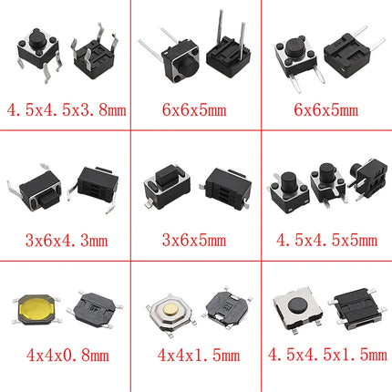 125 Pz/lotto 25 Tipi Touch Switch Micro Pulsante Kit Assortito 2*4 3*6 4*4 6*6 12*12mm per TV Giocattoli Casa Usee Uso FAI DA TE